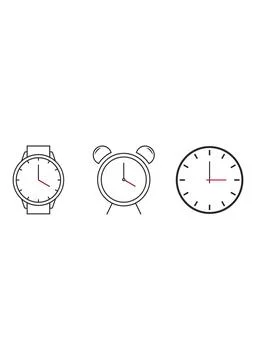 Three Clocks Showing Different Times Minimalist Line Art Stock Illustration