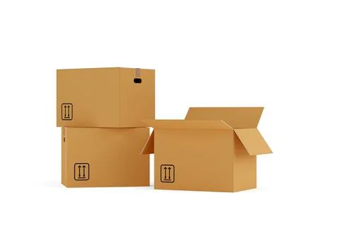 Three closed and open brown cardboard moving storage boxes over white backgro Illustrazione stock