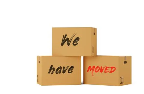 Three closed, brown cardboard moving storage boxes with We Have Moved text on Stock Illustration