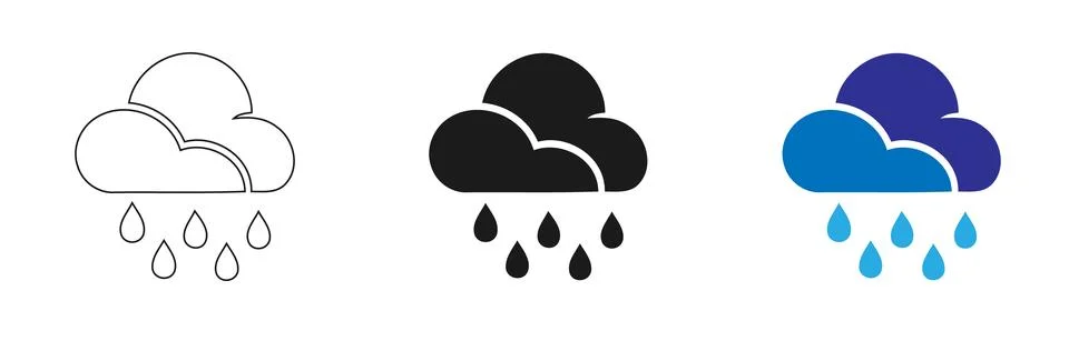 Three Cloud Rain Icons with Falling Raindrops in Different Styles Stock Illustration