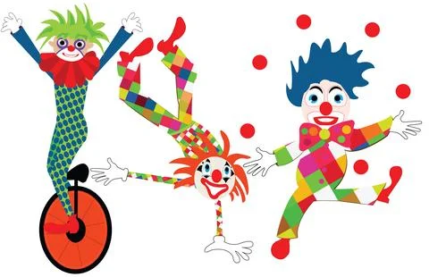 Three clown characters making tricks Stock Illustration