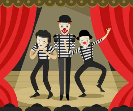 Three clowns mimes on stage Stock Illustration