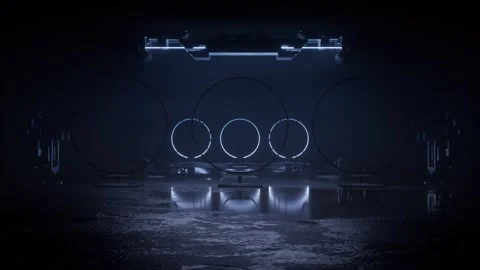 Three clusters of concentric rings glowing in a misty studio Stock Footage 346781152