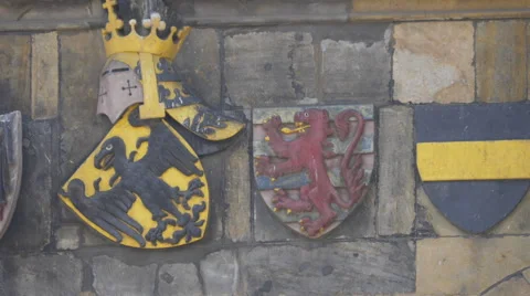 Three Coat of Arms on the Old Town Hall in Prague Stock Footage 56204393
