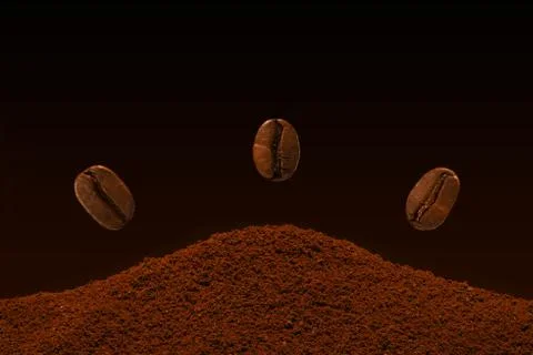 Three coffee beans fly over a handful of ground coffee on a gradient background. 写真素材