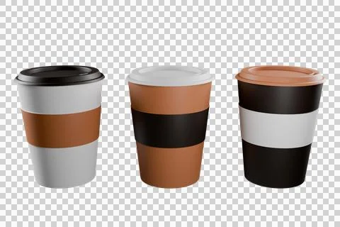 Three coffee cups of different colors on isolated transparent background. Stock Illustration