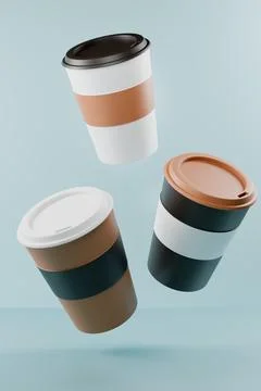Three coffee cups floating in the air on a light blue background. Illustrazione stock