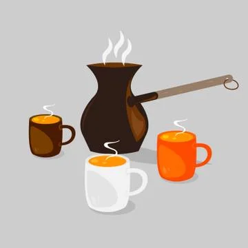 Three coffee cups with hot coffee with cream Stock Illustration