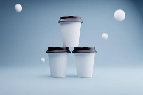 Three Coffee Cups Studio Mockup, Blue Background Stock Illustration