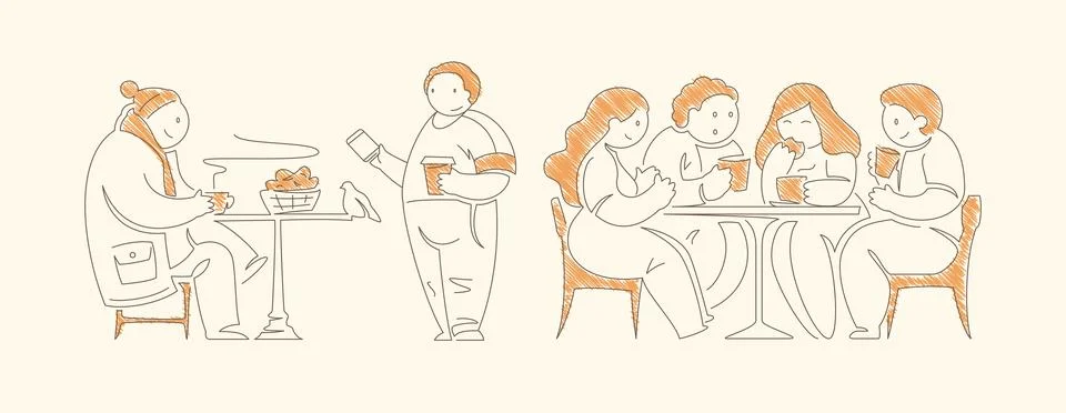 Three coffee scenes featuring person in warm jacket drinking coffee person us Illustrazione stock