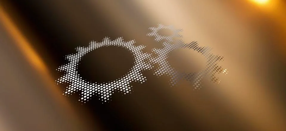 Three cogs against a background of colored light and shadow Stock Illustration