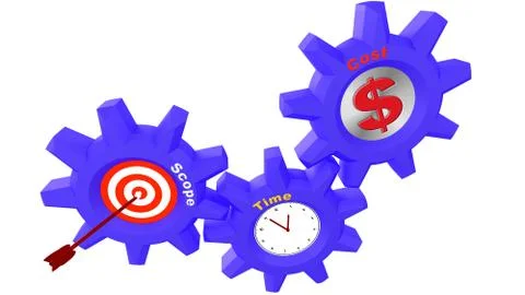 Three cogs with project management components Illustrazione stock