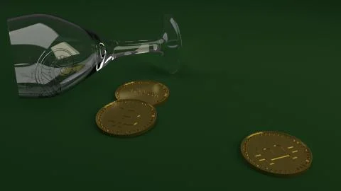 Three coins of digital crypto currency Bitcoin and empty lying glass on green Illustrazione stock
