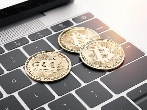Three coins on the laptop. 3d rendering Иллюстрация