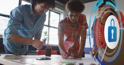 Three colleagues annotating documents on table, lock icon fading, node lines Stock Footage 315538208