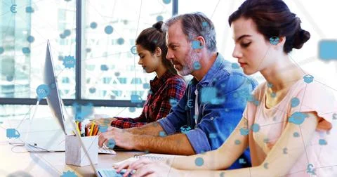 Three colleagues are analyzing ecommerce data in flat design with laptops, euro Stock Photos
