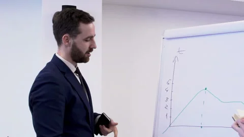 Three colleagues are discussing bitcoin rate graph in boardroom. Video stock 85870327