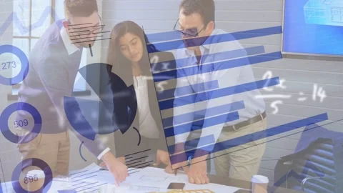 Three colleagues around table left man pointing page starting animated charts Stock Footage 334728686
