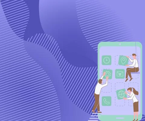 Three Colleagues Carrying S Decorating Mobile Application Defining Teamwork Illustrazione stock