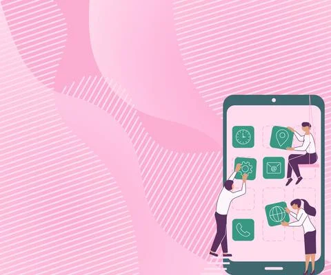 Three Colleagues Carrying S Decorating Mobile Application Defining Teamwork Illustrazione stock