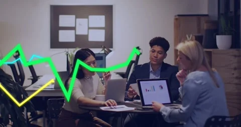 Three colleagues discussing business data at table, green yellow lines Stock Footage 331270013