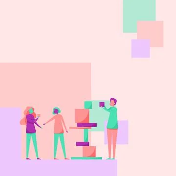 Three Colleagues Drawing Standing Helping Each Other With Building Blocks イラスト素材
