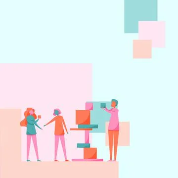 Three Colleagues Drawing Standing Helping Each Other With Building Blocks Ilustración de archivo