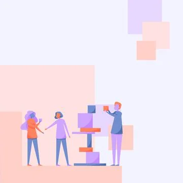 Three Colleagues Drawing Standing Helping Each Other With Building Blocks Ilustración de archivo