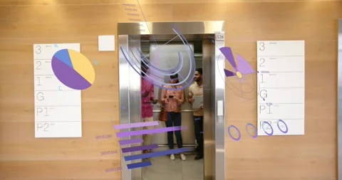 Three colleagues entering elevator with doors closing and reviewing business Stock Footage 318935948