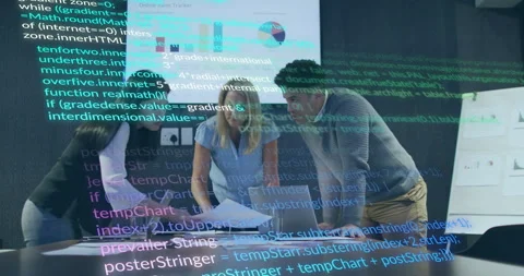 Three colleagues examining sales report at meeting while code overlay activating Stock Footage 315566474