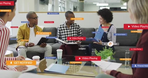 Three colleagues flipping binder pages causing UI badges popping over tablet Stock Footage 321799845