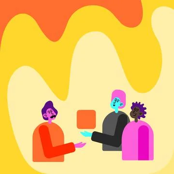Three Colleagues Having Meeting Displaying Cube Representing Teamwork Discussing Stock Illustration