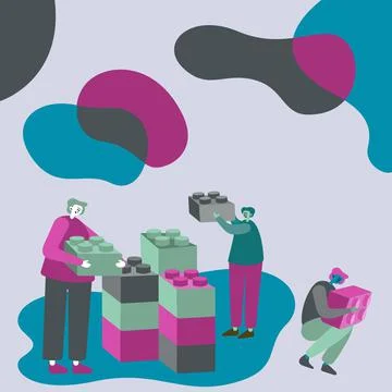 Three Colleagues Having Meeting Displaying Cube Representing Teamwork Discussing Stock Illustration