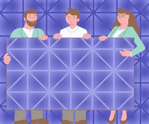 Three Colleagues Holding Presentation Board Showing New Ideas Achieving Teamwork Stock Illustration