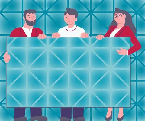 Three Colleagues Holding Presentation Board Showing New Ideas Achieving Teamwork Stock Illustration