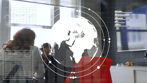 Three colleagues leaning in as system activating 3D globe, HUD overlay guiding Stock Footage 335235227