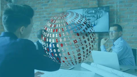 Three colleagues in meeting watching emerging holographic sphere revealing gears Stock Footage 317207059