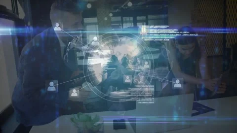 Three colleagues opening laptop projecting holographic globe with code nodes for Stock Footage 317154656