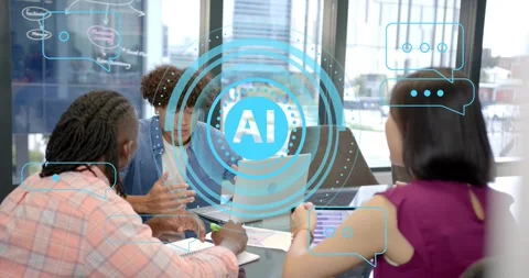 Three colleagues outlining AI workflow starting overlays showing on glass Stock Footage 318607188