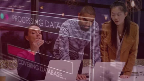 Three colleagues responding to overlay with progress bar, recovering database Stock Footage 334013639