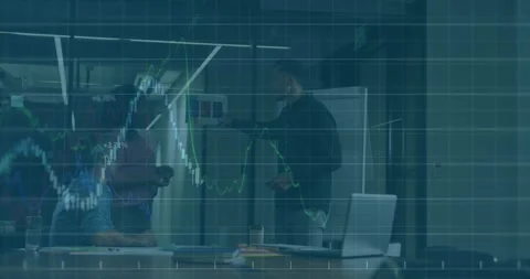 Three colleagues reviewing notes sparking finance discussion while graphs Video stock 318115328