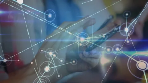 Three colleagues tapping phones in cafe, central HUD node sparking network Stock Footage 331227322