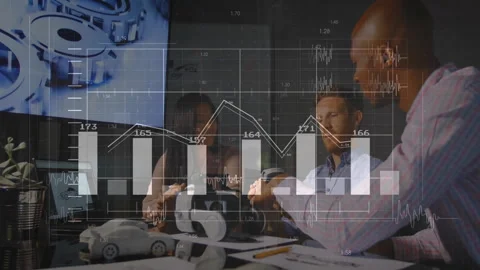 Three colleagues tapping tablet and reviewing data as transparent chart updating Stock Footage 312829479