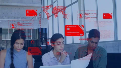 Three colleagues tapping tablet and reviewing documents in business, AR red Stock Footage 333351490