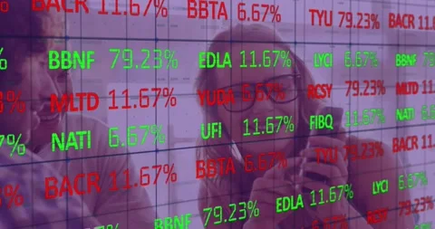 Three colleagues watching clear finance grid, shifting red green tickers drawing Stock Footage 332289878