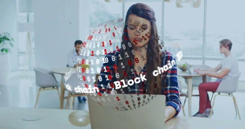 Three colleagues working in office space, showcasing floating blockchain sphere Stock Footage 309144575