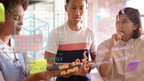 Three colleagues writing on glass, starting digital overlay aligning with Stock Footage 333594529