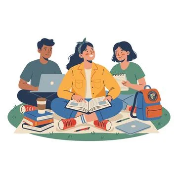 Three College Students Studying Together Outdoors with Laptop and Books Stock Illustration