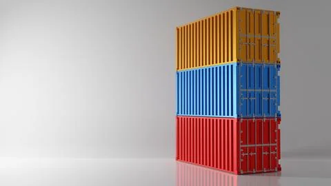 Three color Intermodal container stack on white background. Industry shippi.. Illustrazione stock