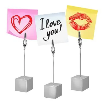 Three color notes on a metal memo holders clips. Notes on wire silver clamps Illustration